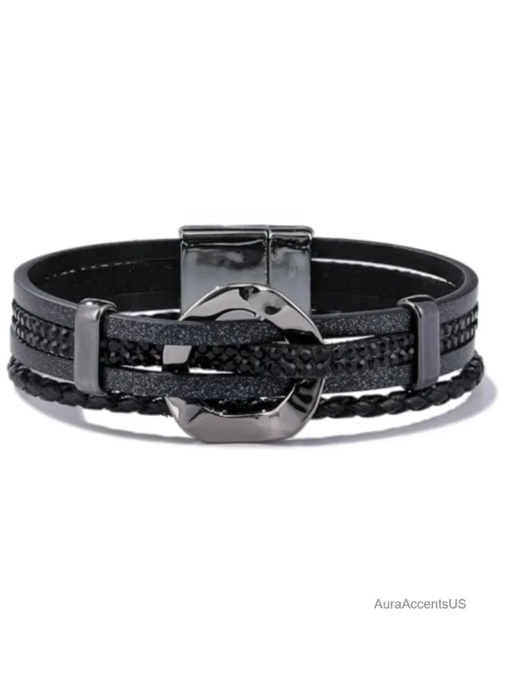 Braided Leather Wrap Bracelet Boho Rhinestone Cuff